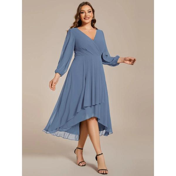 Elegant Empire Long Sleeve V-neck High Low A-line Ruffled Midi Dusty Navy Chiffon Wedding Guest Homecoming Dress