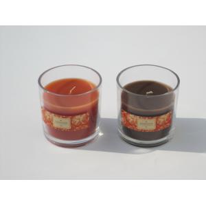 Orange & brown scented glass jar candle with printed label packed into gift box