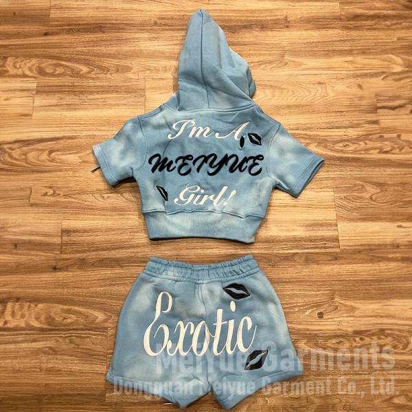 Custom Cropped Top Acid Washed Vintage Zip up French Terry Zip up Hoodie Women Ladies Jogging Suit Hoodie and Shorts Set