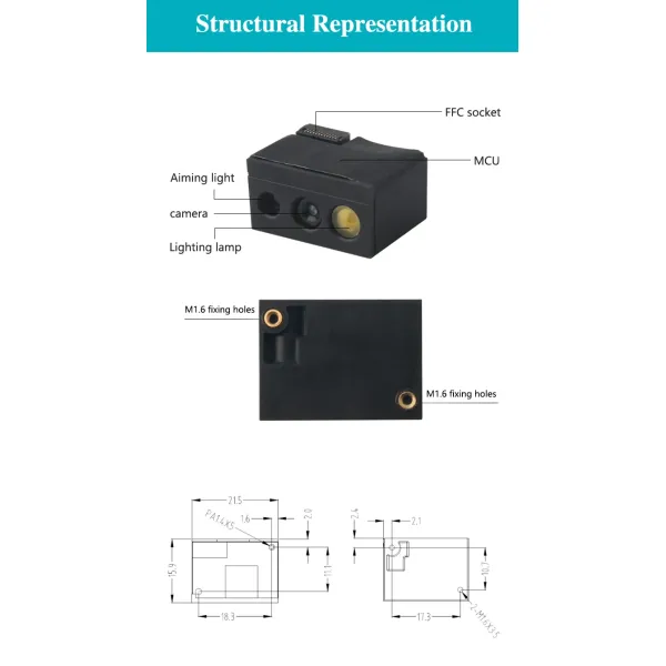 Small Embedded 2D QR Code Barcode Scanner Module with 1 Million Pixel CMOS Image Recognition and 65cm/s Scan Speed