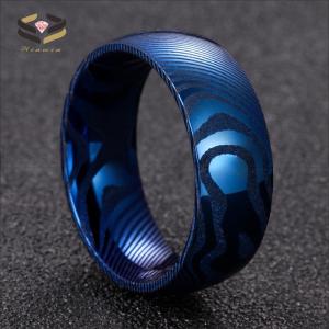Bold Hand Wedding Damascus Steel Mens Ring 8mm Blue Religious Type Domed Wood