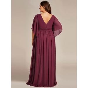 Empire Plus Size V-neck Ruffled A-line Invisible Zipper Half Flutter Sleeves
