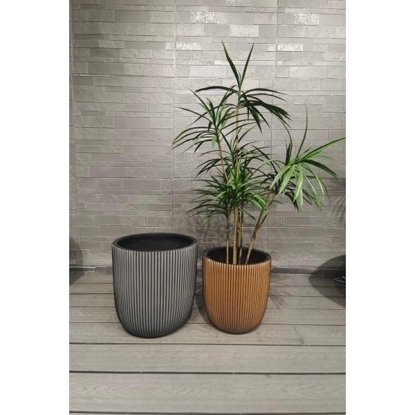 Silver Hue Stripe Patterns Round Fiber Clay Planter Lightweight Rooftop Gardens Landscaping Project