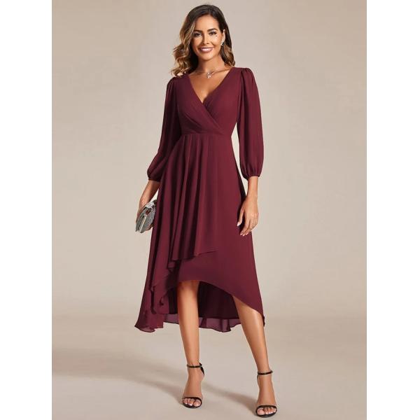 Elegant Empire Long Sleeve V-neck High Low A-line Ruffled Midi Burgundy Chiffon Wedding Guest Cocktail Dress