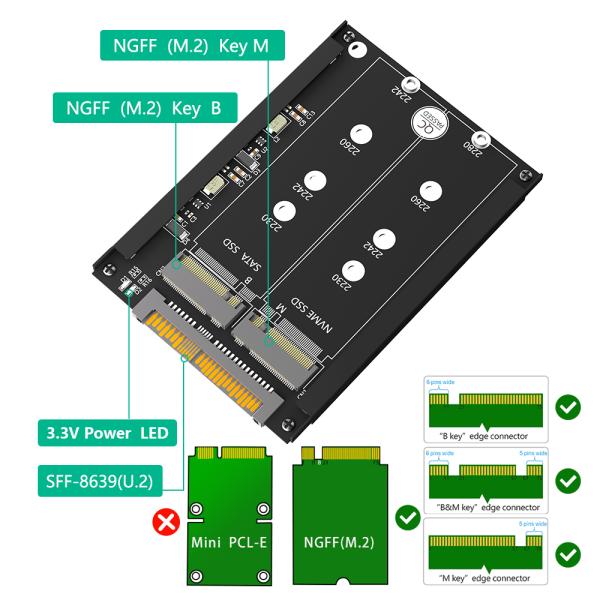 M.2 to U.2 Adapter for 2280/2260/2242/2230mm SSDs 100x70mm