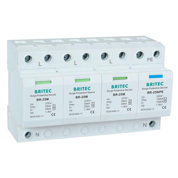BR-25M 3P+1NPE 25kA T1+T2 varistor surge arrester B+C Low Voltage 3 Phase AC Spd Lightning Protector