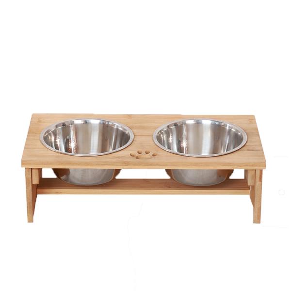 Hollow Pattern Bamboo PET Feeder Stand Stainless Steel Bowls for Dog