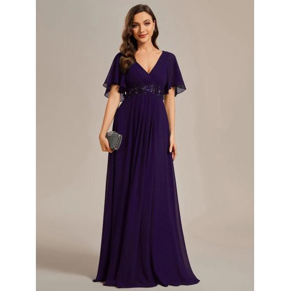 Sexy Empire Applique A-line Short Flutter Sleeves V-neck Invisible Zipper Dark Green Chiffon Evening Dress