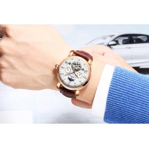 Genuine Leather Mens Winner Automatic Mechanical Watch Moon Phase Automatic
