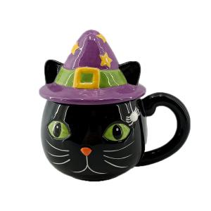 Custom Ceramic Hand-painted Halloween Coffee Mug Creative 3D Embossed Cat