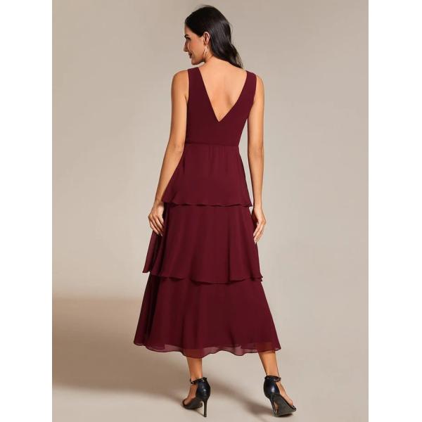 Beautiful Multi-layered Hem V-neck Sleeveless A-line Burgundy Chiffon Wedding Guest Dress Cocktail Dresses