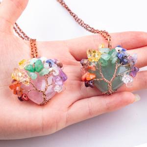 Rose Quartz Heart Shape Crystal Tree Chakra Gem Necklace