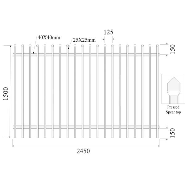 1800mm height x 2450mm crimped spear Hercules fence panels upright 25mm x 25mm x