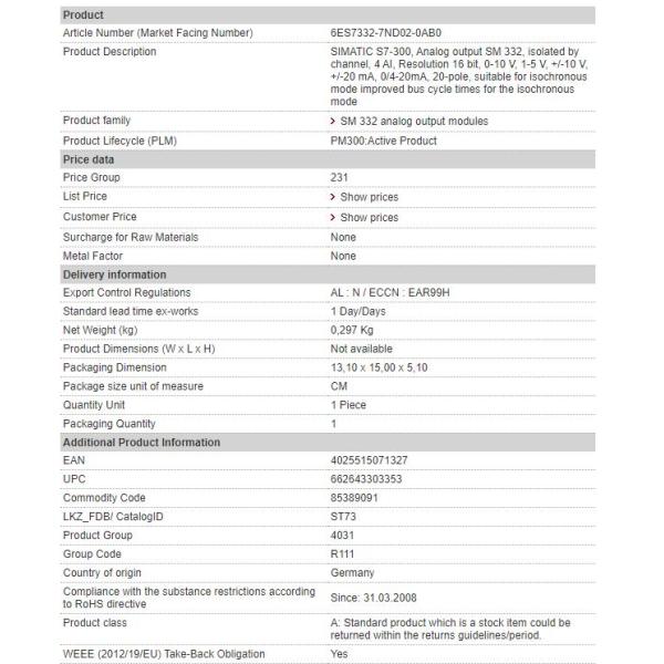 6ES7332-7ND02-0AB0 Siemens SM 332 Analog Output Module