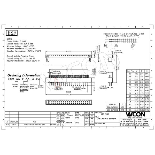 WCON 1.27mm DIP Plug Connector 2*13P PBT 30%GF UL94V-0 Brass Sel Au/Ni