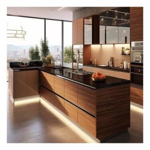 Modern Minimalist Plank Solid Wood Cabinets Melamine Finish Cabinets Modular Cabinets with Glass Fronts and Lights