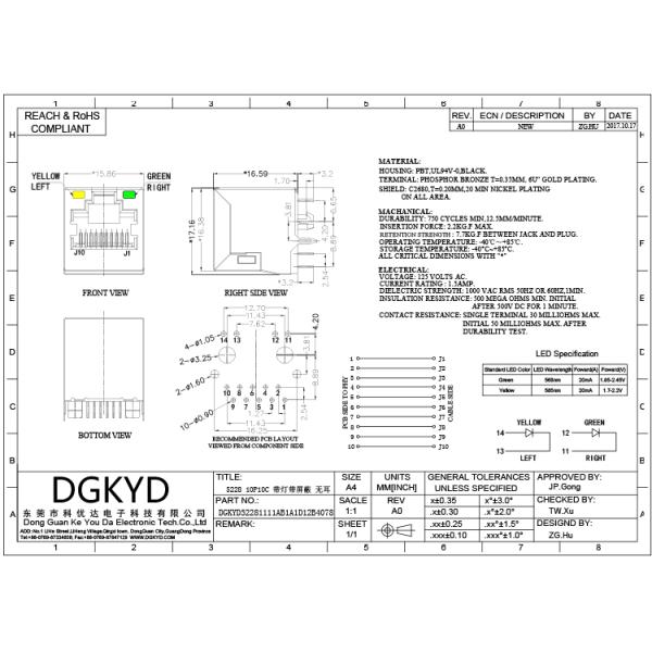 DGKYD52281111AB1A1D12B4078 RJ45 Single Ports Connector Without Transformer Modular Jack RJ45 Jack