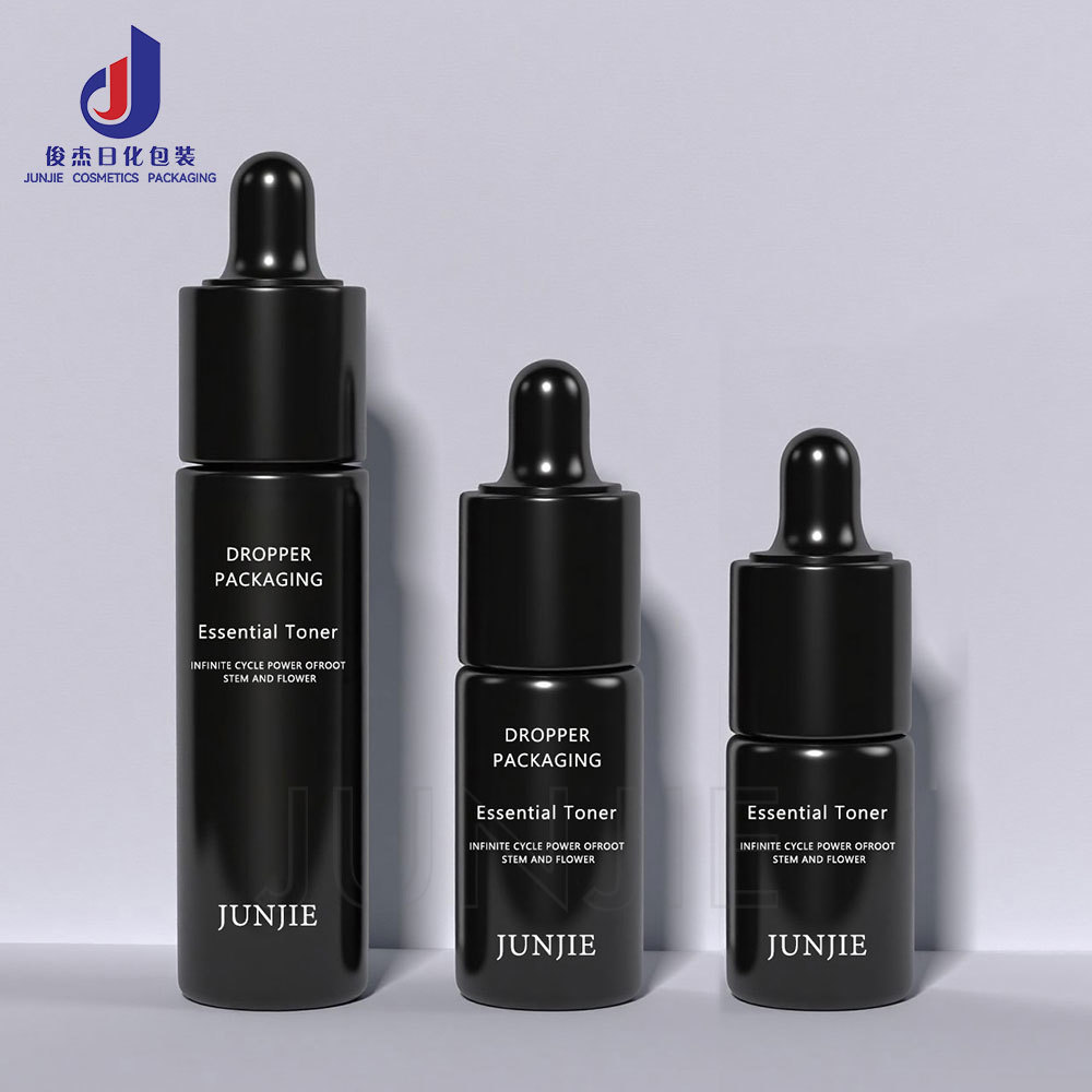 Quality Customized logo Luxury Plastic Skincare Packaging 20ml 30ml 60ml 1oz Frosted Flat Face Serum Essential Oil Dropper Black Bottle for sale