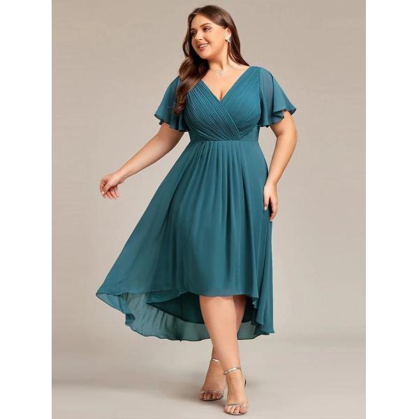 Empire Plus Size V-neck High-low A-line Short Sleeve Ruffled Black Chiffon Wedding Guest Cocktail Dress