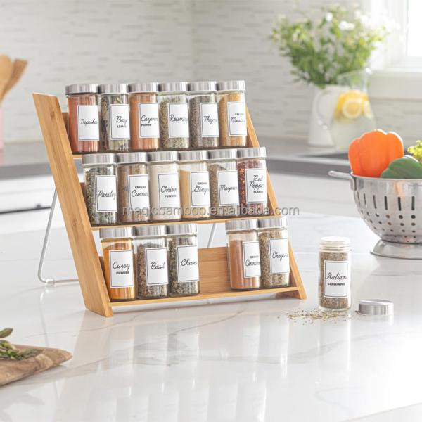18 Jar Bamboo Spice Organizer Space-Saving Solution for Countertop and Kitchen Drawer