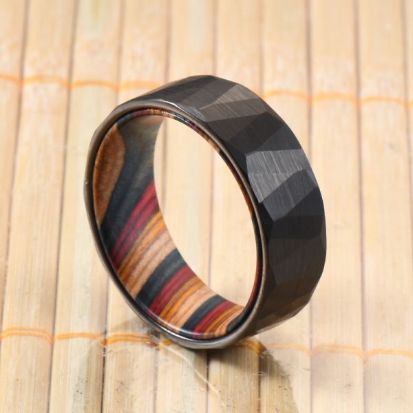 Sample Making Service 8mm Wedding Rings Box Elder Wood Colourful Hammered Black Faceted Tungsten Carbide Ring