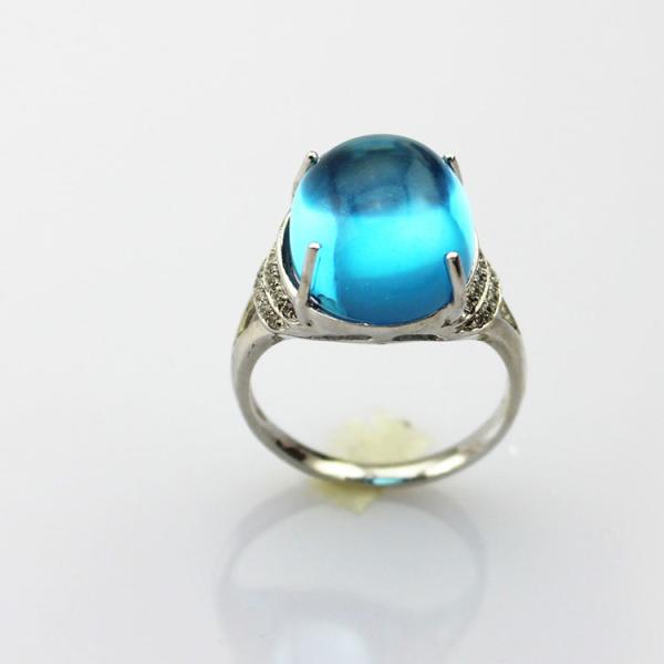 Sterling Silver Cubic Zircon Ring 12mm x14mm Oval Dome Cut Blue Topaz Ring (R149)