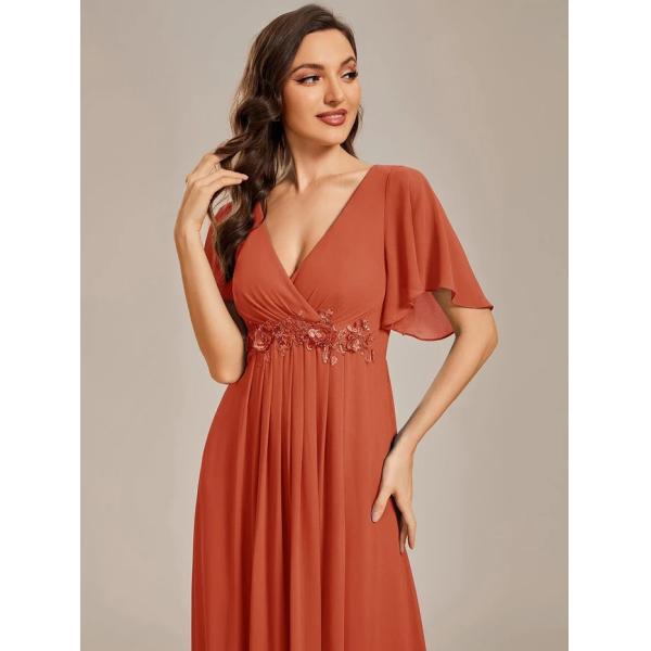 Sexy Empire Applique A-line Short Flutter Sleeves V-neck Invisible Zipper Burnt Orange Chiffon Evening Dress