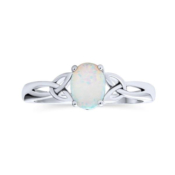 Oval Lab-Created Opal Celtic Love Knot Side Accent Ring in Sterling Silver