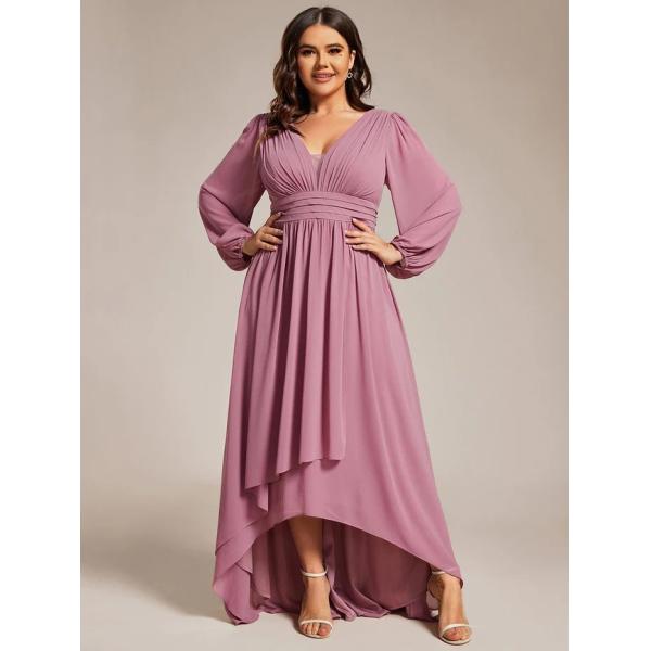 Plus Size Enchanting Lotus Leaf Lantern Sleeve Pleated Empire High Waist A-line Purple Orchid Chiffon Homecoming Dress