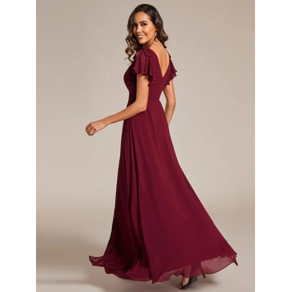 Empire Plus Size V-neck High Split A-line Short Sleeve Zipper Burgundy Chiffon Prom Dress