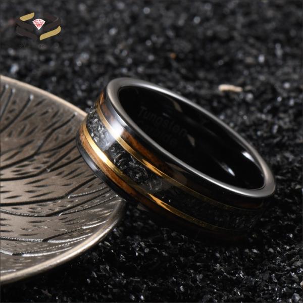 8mm Tungsten Carbide Ring with Gold Line Whiskey Barrel Wood and Meteorite Inlay Trendy Men's Anniversary Selection