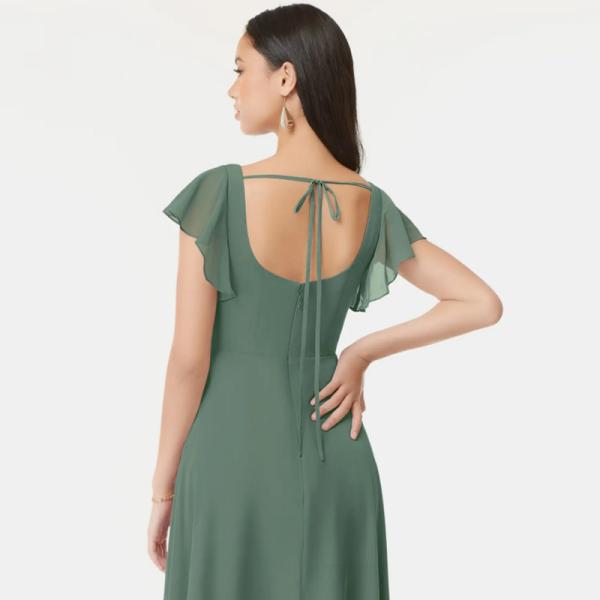 New Arrived Summer Flowy Ruffled Chiffon Long Evening Dress Cap Sleeve Square Neck Ruched