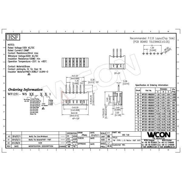 Male 1*6P Wafer Wire To Board Connector Housing 1.0AMP 180°DIP