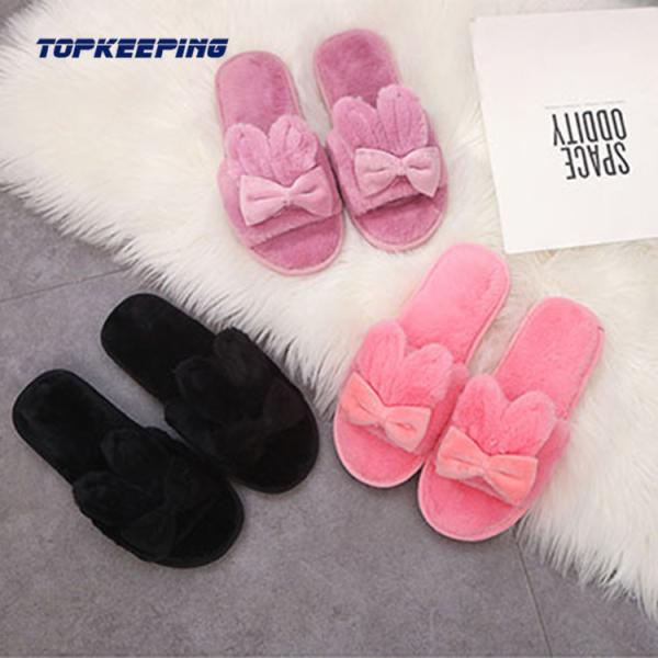 Flat Heel Multicolored Fur Bow Slides Shoes For Women