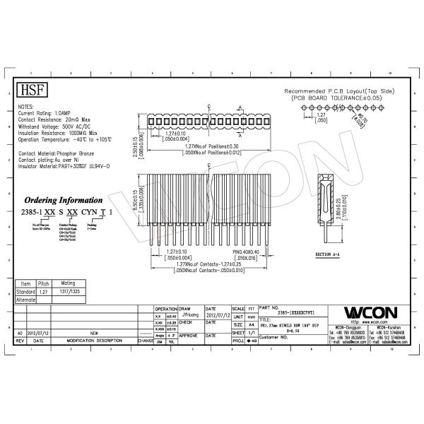1*12P H=8.5 Female Header Connector Connector 1.27 Mm Pitch Phosphor Bronze