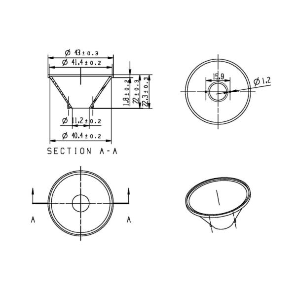 43mm COB LED Reflector Cup 60 Degree For 20w CXA 1520 LED Spot Light