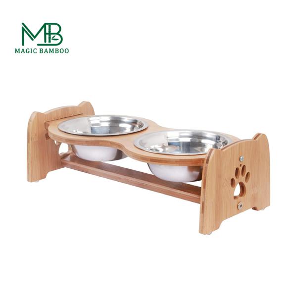 3l Capacity Raised and Elevated Bamboo Pet Feeder with Adjustable Bowls