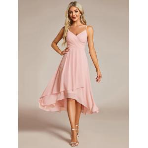 Elegant V-neck Spaghetti Strap High-low Chiffon Wedding Guest Dress Pink