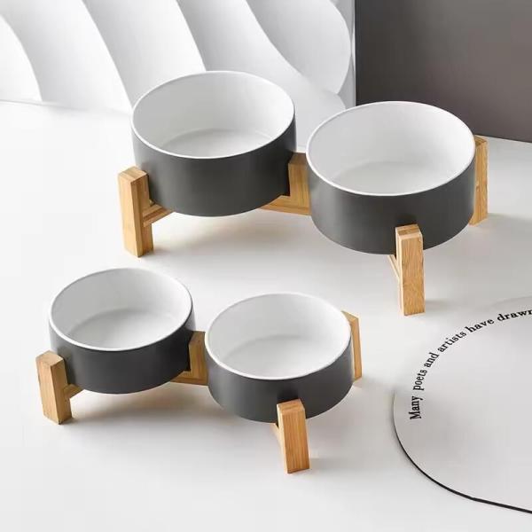 Wood Stand Non-Slip Matte Glaze Weighted Food Water Set for Cats &Small Dogs