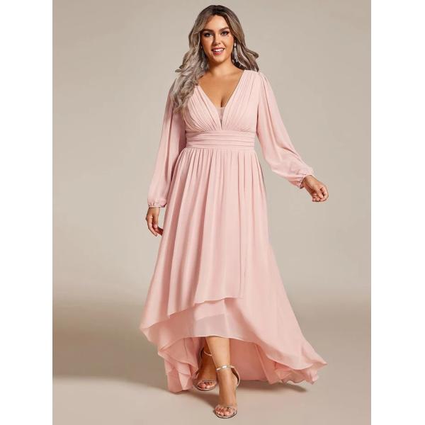 V-neck Plus Size Enchanting Lotus Leaf Lantern Sleeve Pleated Empire High Waist A-line Pink Chiffon Bridesmaid Dress