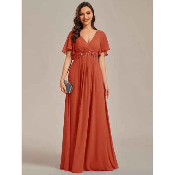 Sexy Empire Applique A-line Short Flutter Sleeves V-neck Invisible Zipper Dark Green Chiffon Evening Dress