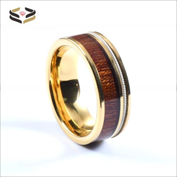 Men Flat Gold Tungsten Carbide Ring Koa Wood And Guitar String Inlayed 8mm For Party