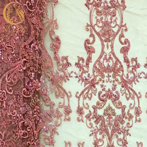 OEM Pink Beaded Lace Fabric For Evening Dress Garment