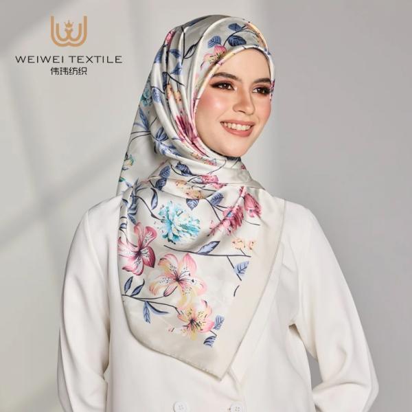 Customized Digital Printed Tudung Shimmer Hijab Traditional Muslim Department Item Satin Silk Scarves Shawls