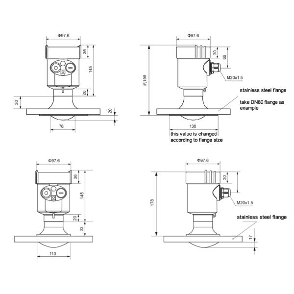 KLD800 Series 80G Radar Level Gauge PTFE Antenna Size Small Blind Spot