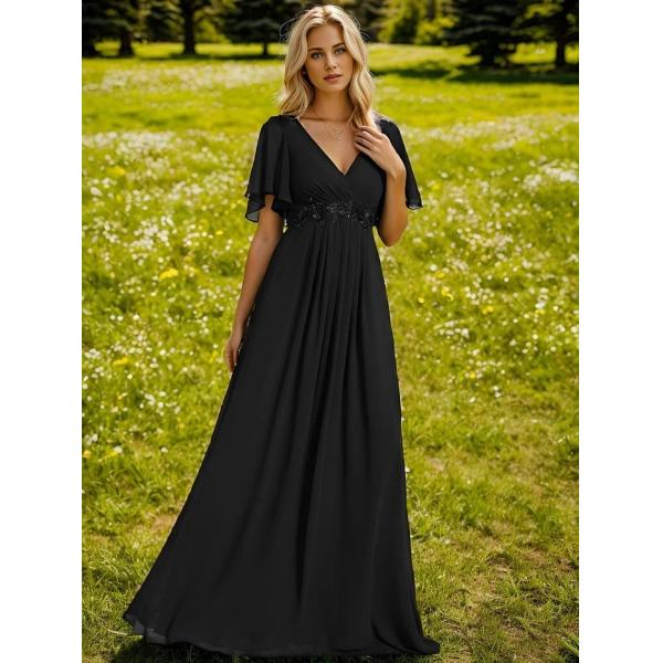 Sexy Empire Applique A-line Short Flutter Sleeves V-neck Invisible Zipper Black Chiffon Party Dress