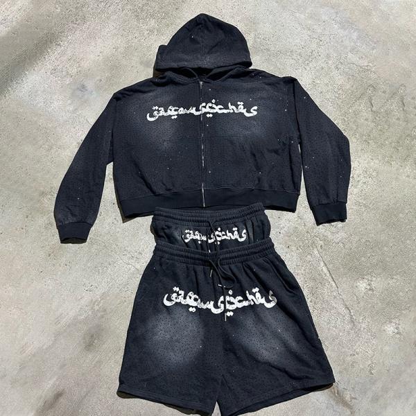 Custom Cotton Full Rhinestone Zip up Sun Faded Double Waisted Baggy Acid Wash Sweat Shorts Set Hoodie and Shorts Set for Men