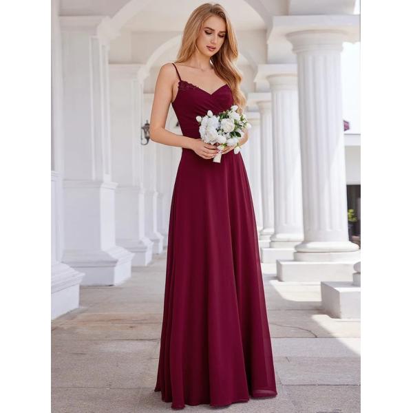 Chic V-neck Pleated Sleeveless Backless A-line Empire Spaghetti Strap Applique Waist Burgundy Chiffon Bridesmaid Dress