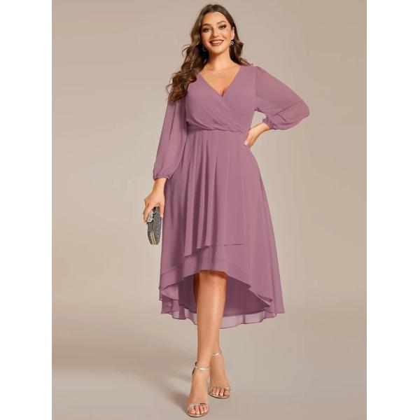 Ruffled A-line Long Sleeve V-neck High-low Wedding Guest Purple Orchid Chiffon Bridesmaid Dress