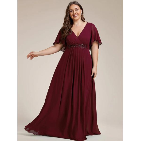 Empire Plus Size Applique Short Sleeve A-line V-neck Flutter Sleeves Invisible Zipper Dusty Navy Chiffon Bridesmaid Dres